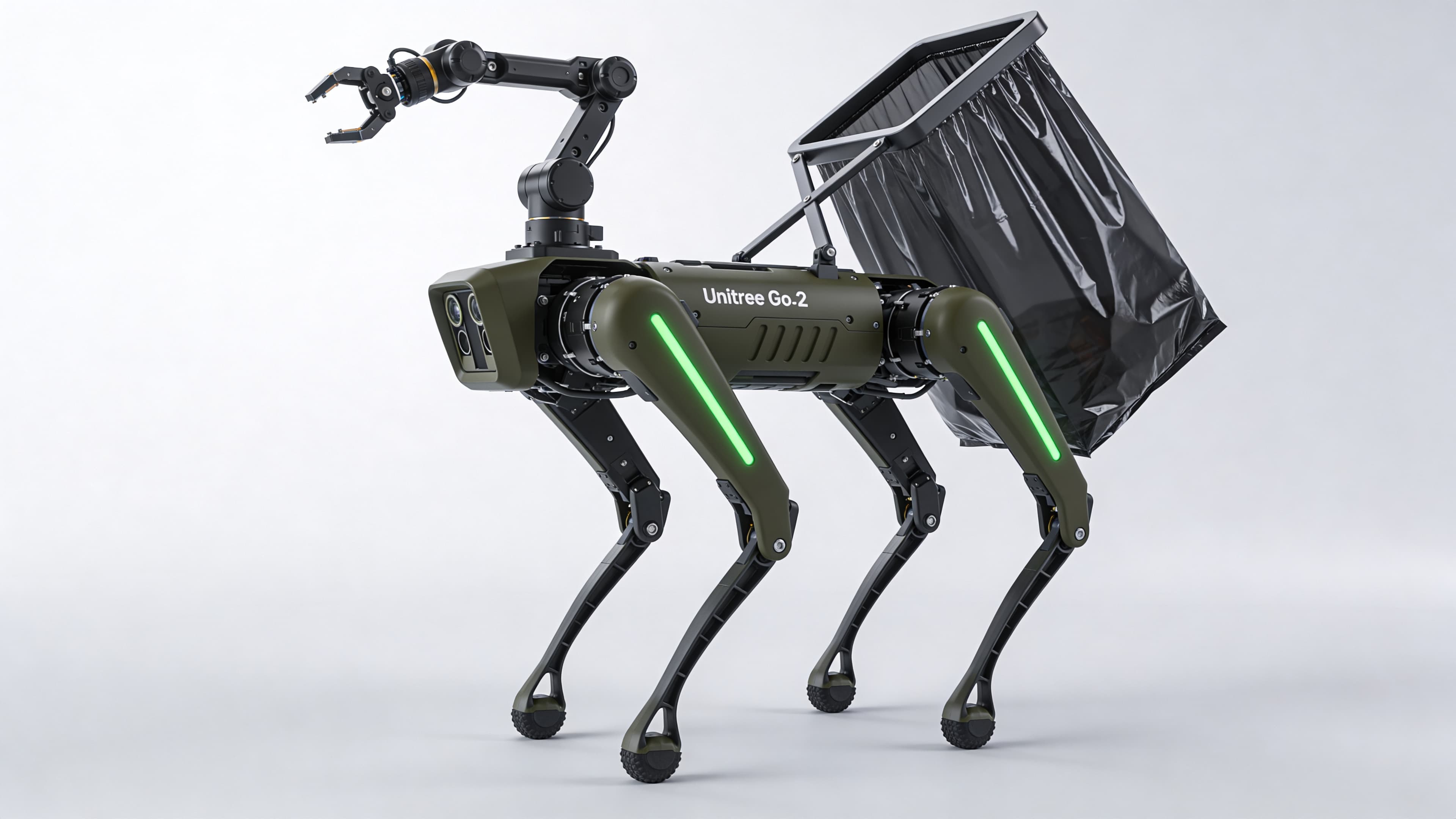 CleanWalker robot side profile showing quadrupedal design, articulated legs, and sensor array