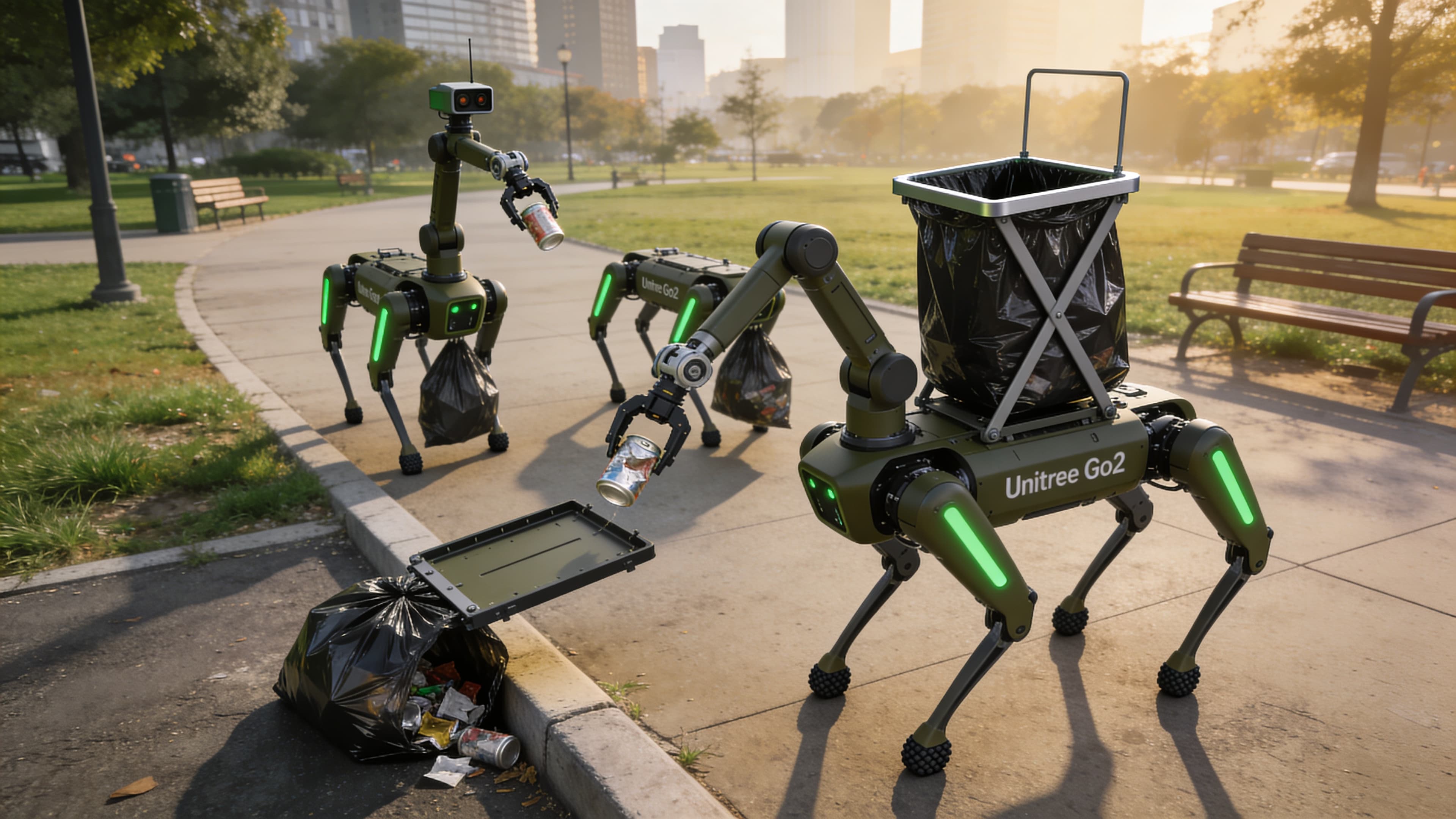 Three CleanWalker robots working together in an urban park, aerial drone perspective