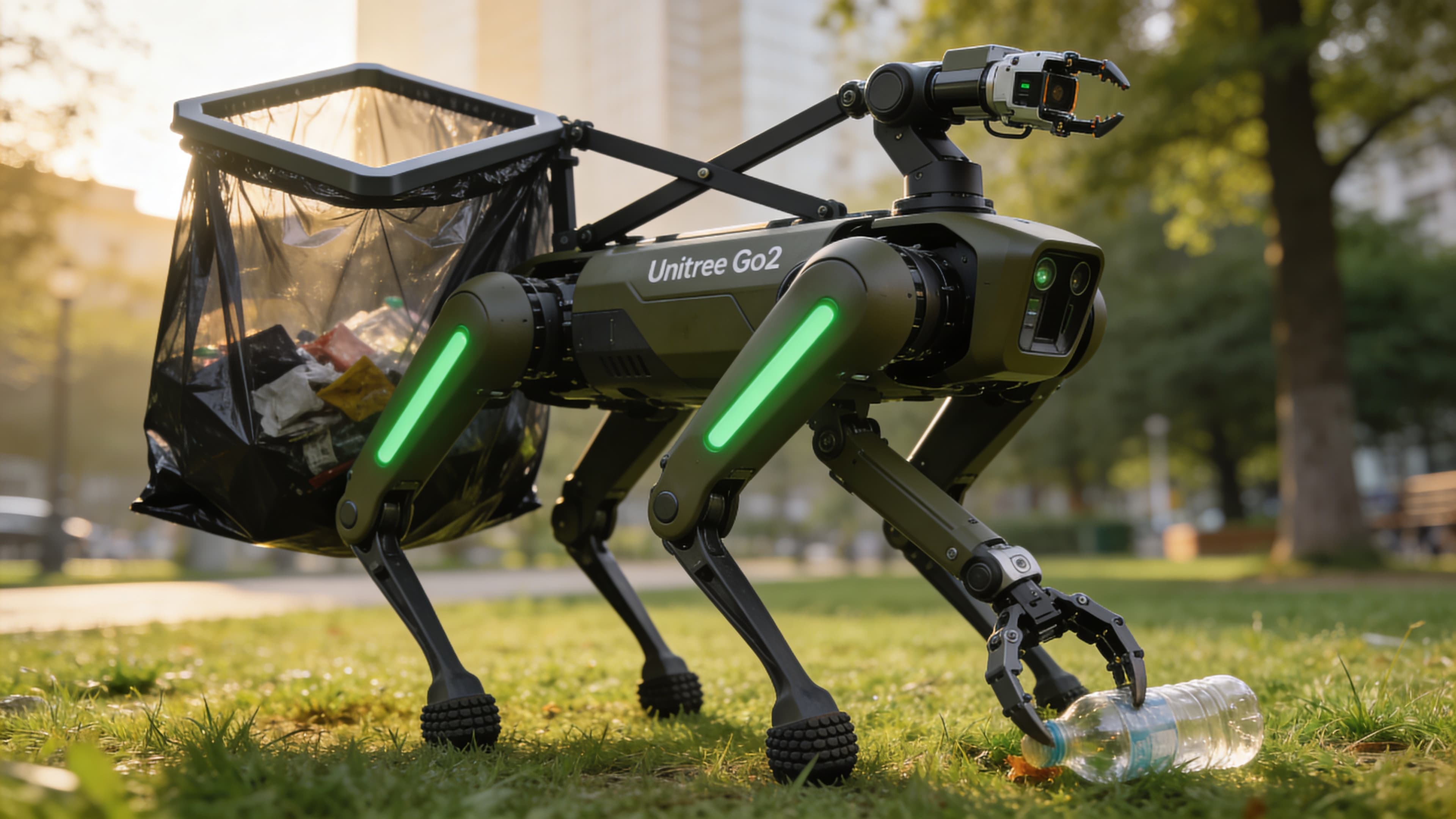 CleanWalker autonomous robot picking up a plastic bottle in a sunlit park