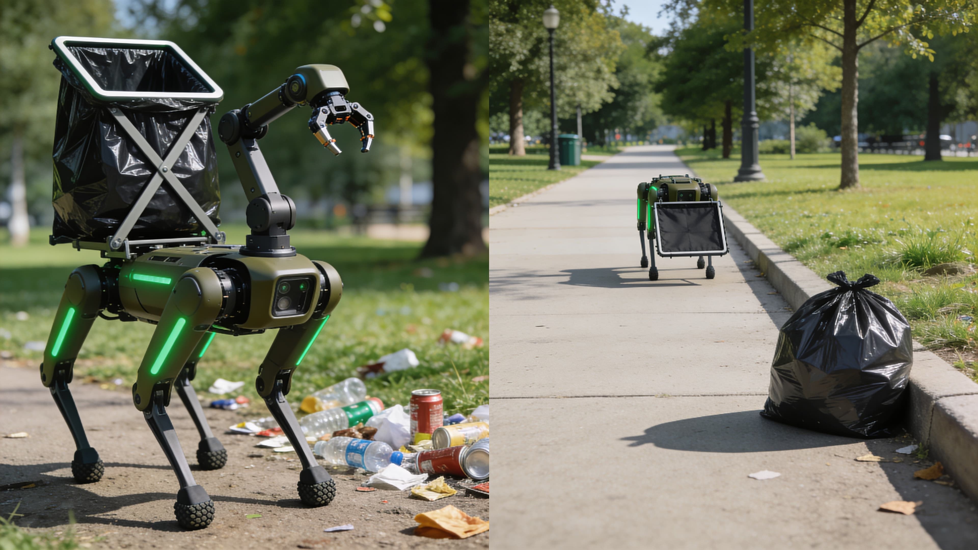 Before and after comparison showing a littered park transformed to a clean space by CleanWalker robots