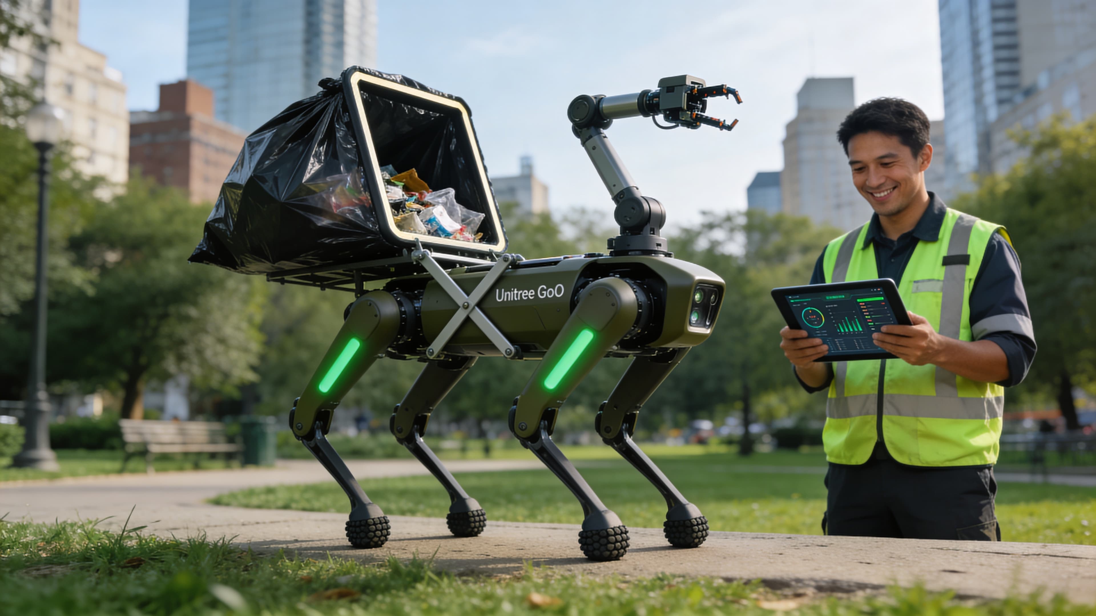 CleanWalker robot working alongside a city maintenance worker in an urban park