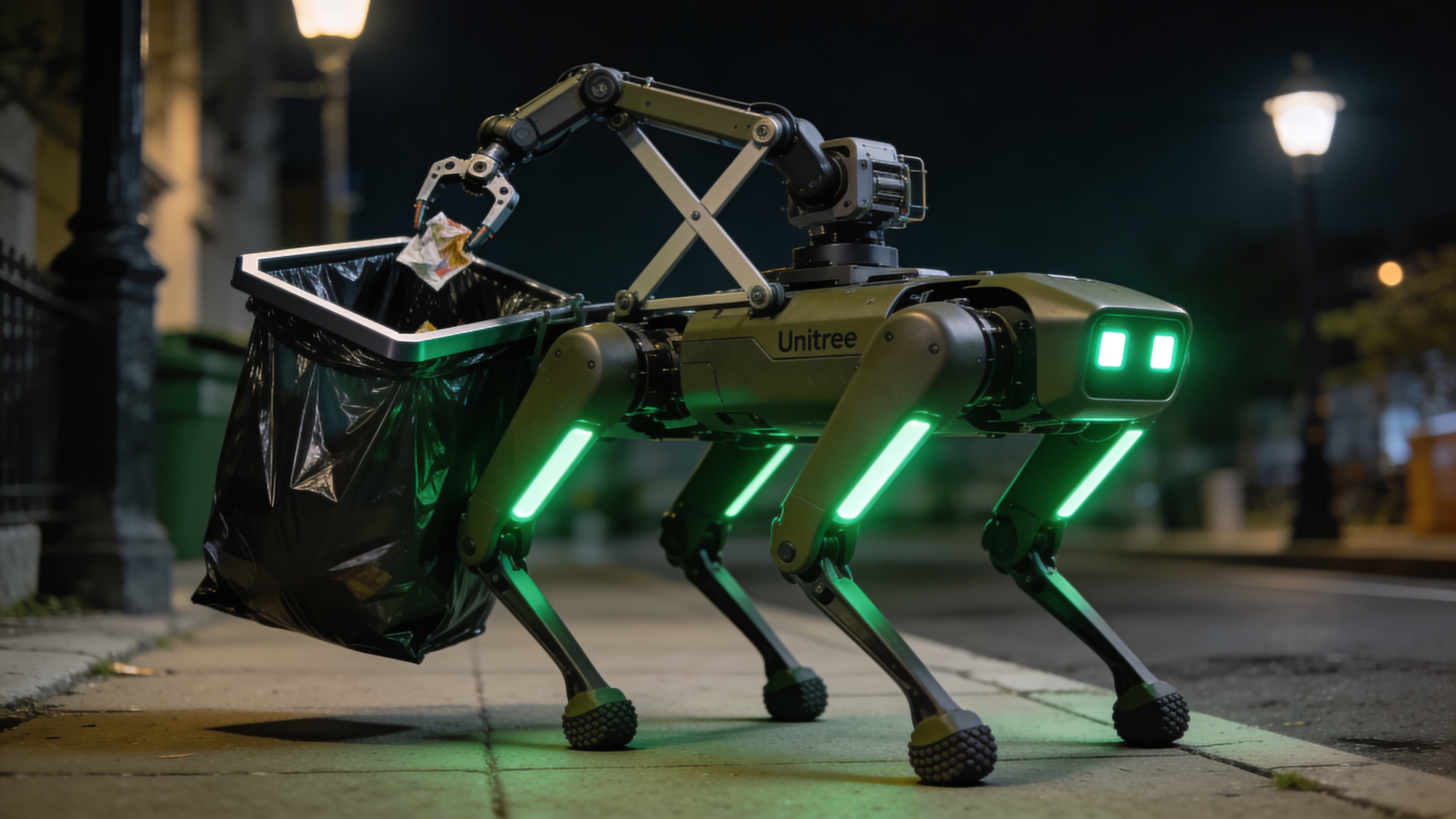 CleanWalker robot operating at night with LED illumination on a city sidewalk