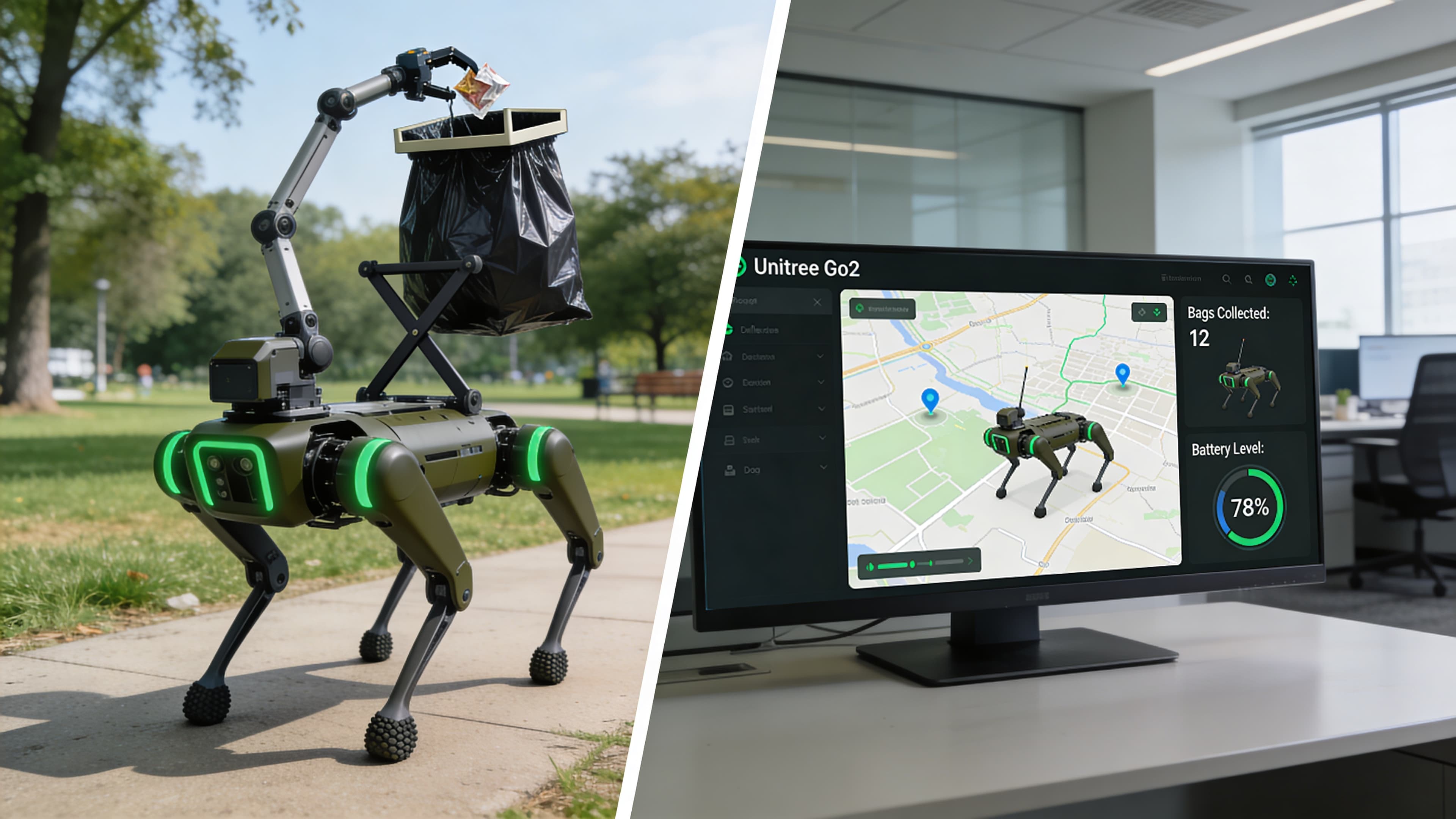 CleanWalker fleet management dashboard showing real-time robot locations, analytics, and route planning on screen