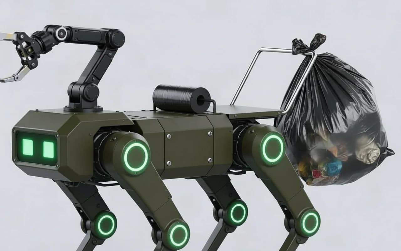 CleanWalker robot side profile showing quadrupedal design, articulated legs, and sensor array