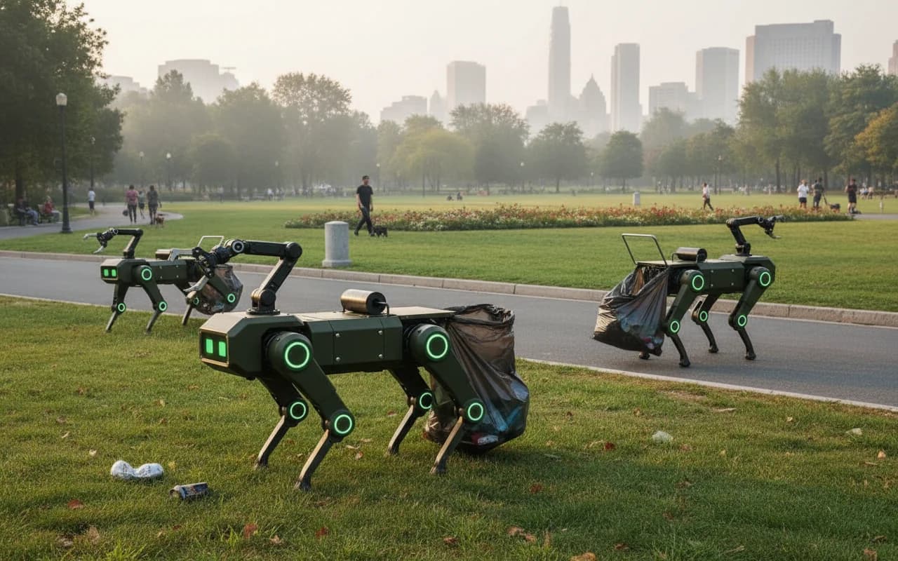 Three CleanWalker robots working together in an urban park, aerial drone perspective