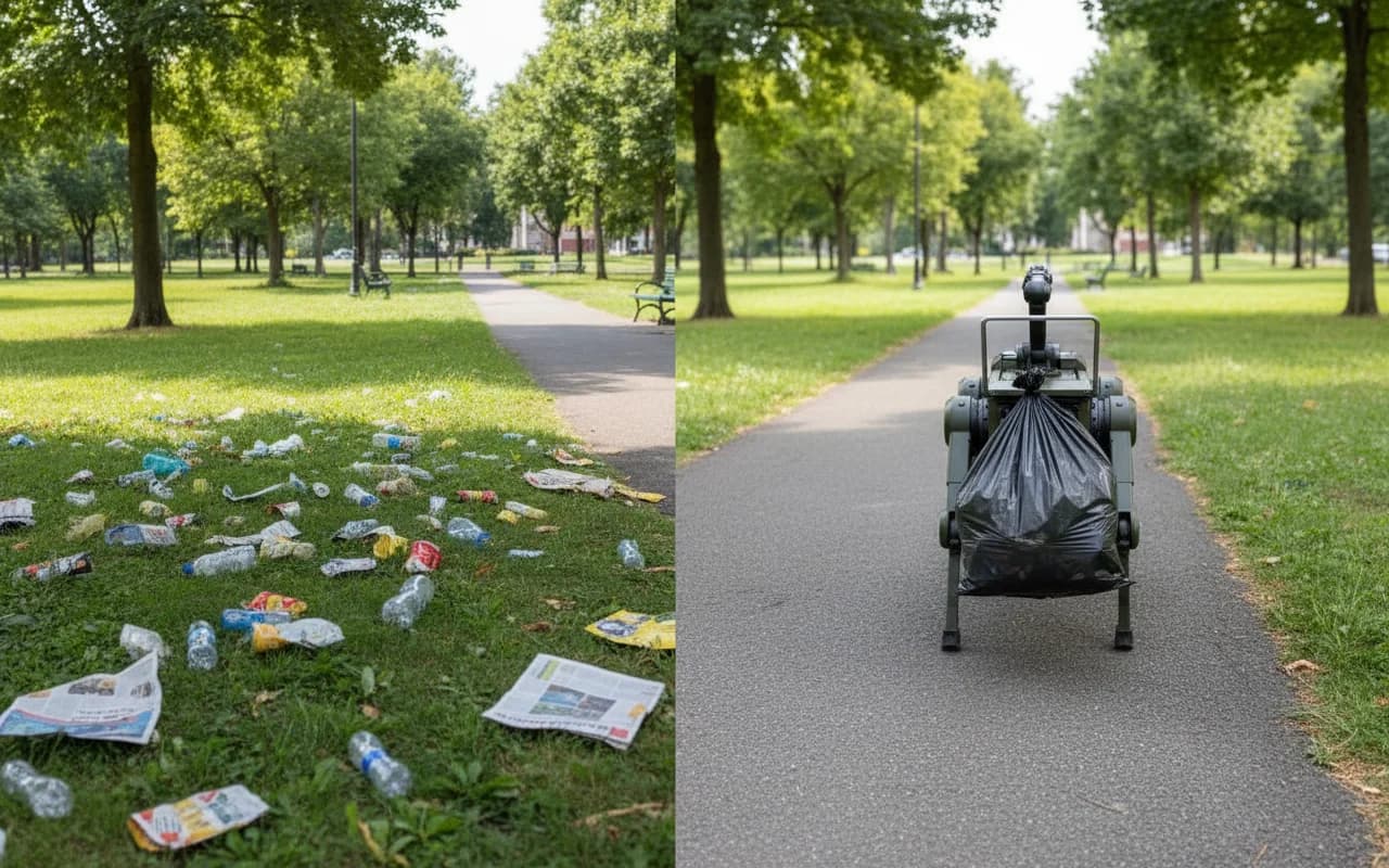 Before and after comparison showing a littered park transformed to a clean space by CleanWalker robots