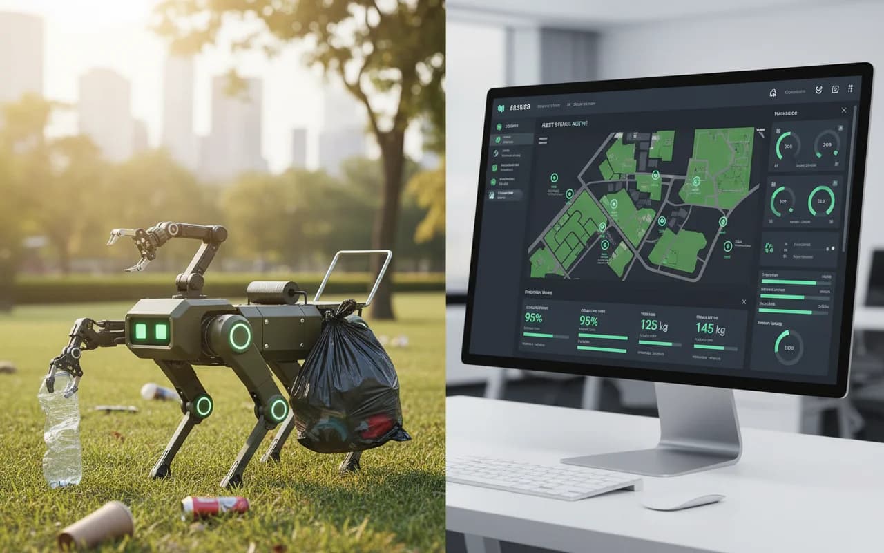 CleanWalker fleet management dashboard showing real-time robot locations, analytics, and route planning on screen