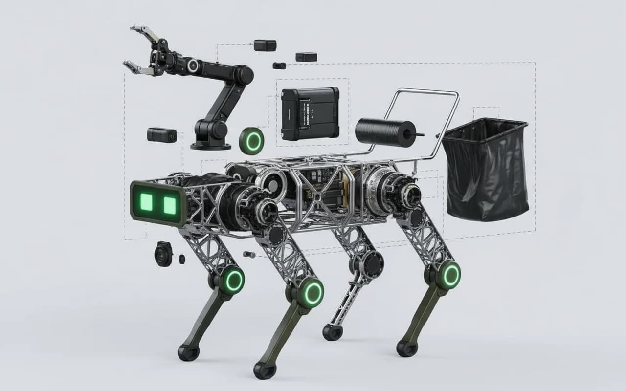 Exploded view of CleanWalker robot showing internal components — motors, sensors, compute module, battery, gripper mechanism